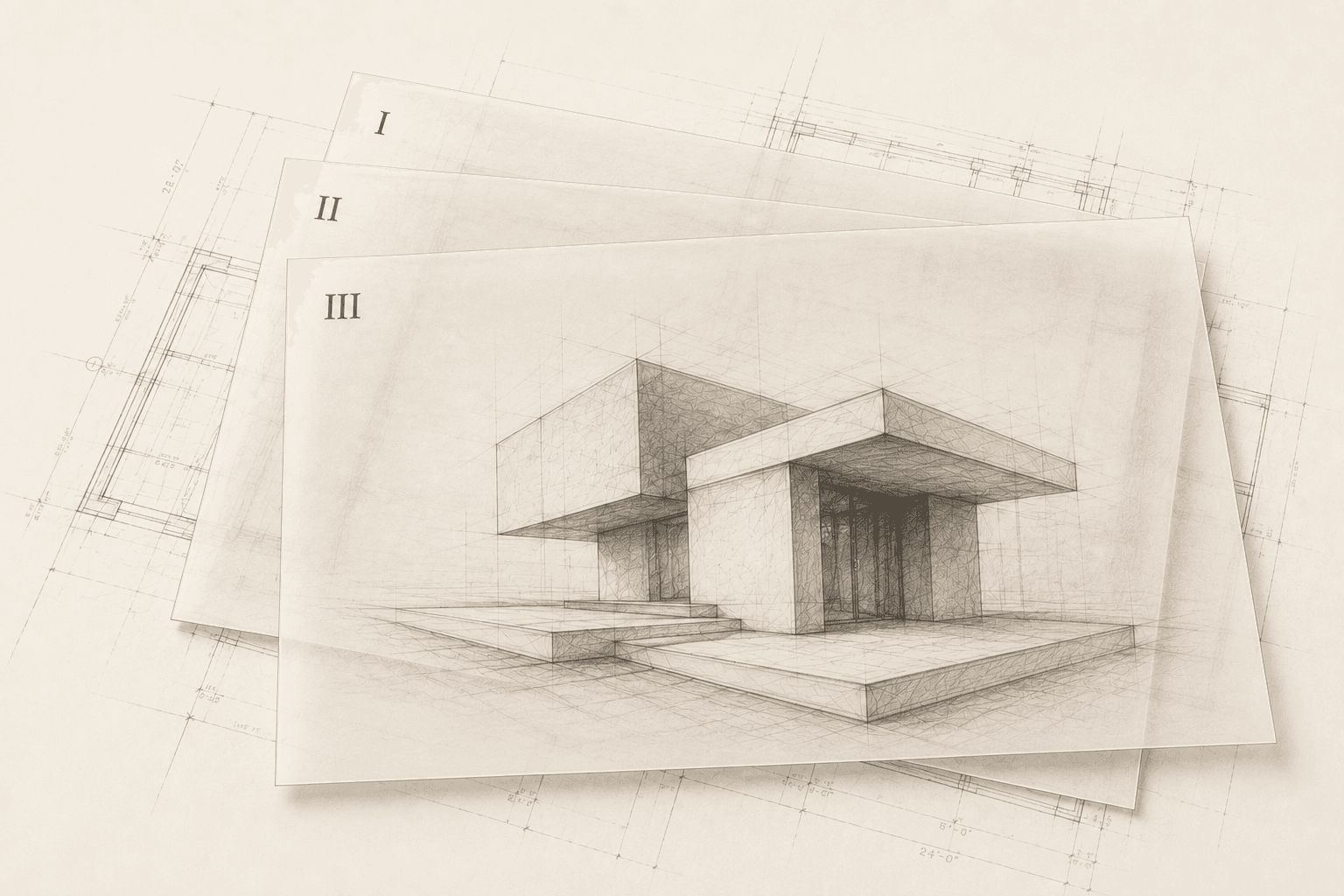 A charcoal architectural sketch representing a collection of executive briefs.