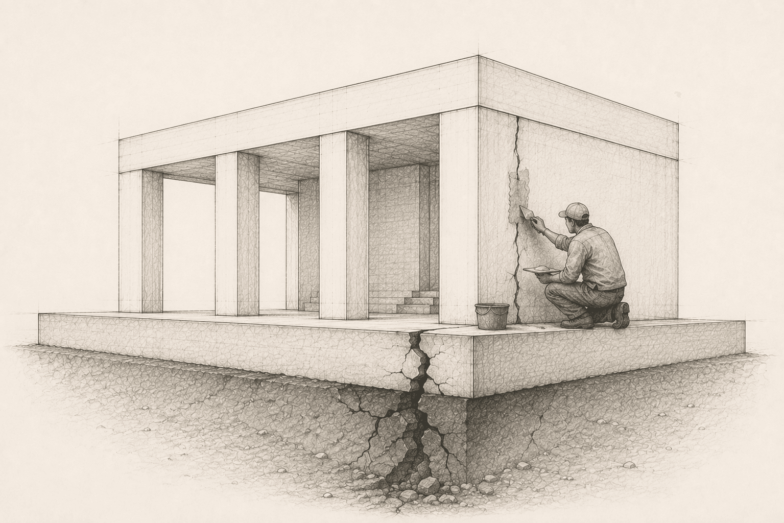 An architectural illustration of a structure with a subtle crack spreading through its foundation.